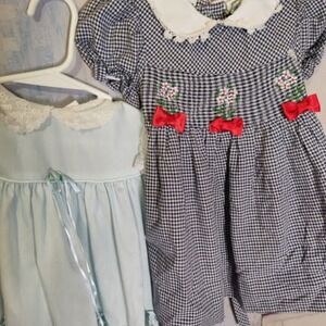 Vintage 2 Pc Bundle Baby Girl Dresses Floral Embroidery Bows Lace Ruffles